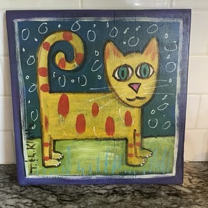 T & L Kluttz Cat Painting Folk Art On Wood Yellow Kitty Cat Signed - Picture 1 of 6