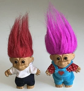 Vintage Russ Troll Dolls X2 Pink & Red Hair Unique Outfits 6" Tall - Picture 1 of 12