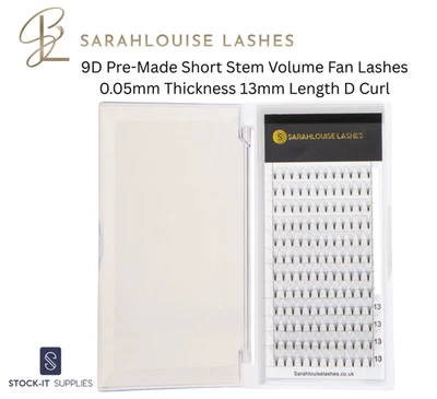 9D Pre-Made Short Stem Volume Fan Lashes 0.05mm Thickness 13mm Length D Curl - Image 1 of 2