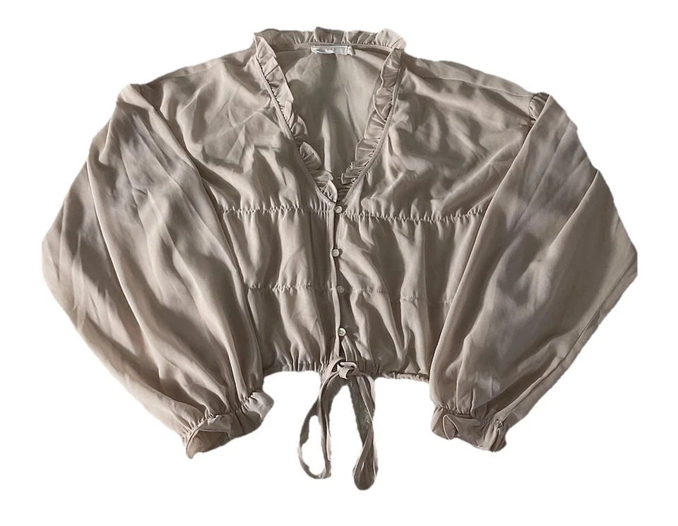 Blusa LUSH Transparente con Volantes Talla Mediana Cuello en V Cincha Corbata Top Elegante Silenciosa Lujo Foto 1 de 4