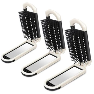 3pcs Mini Folding Hair Brush with Mirror Compact Travel Brush Set - Picture 1 of 6