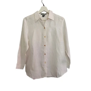 Lauren Ralph Lauren Shirt Womens M White Linen Gold Button Crest Classic - Picture 1 of 8