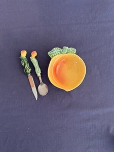 Vintage Fruit Knife and Spoon and Ceramic Apple Dish Set of 3 Pieces - Picture 1 of 11