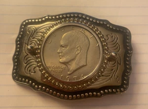 Boucle de ceinture ornée dollar Eisenhower 1776-1976 bicentenaire pièce vintage USA - Photo 1/2