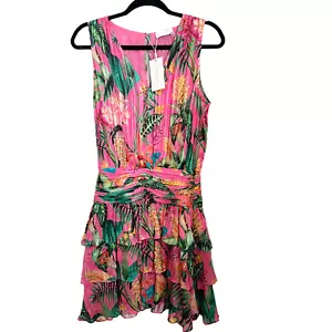 Ramy Brook bedrucktes Wilson Minikleid Größe 2 Blumenmuster Stufen Rüschen Seide V-Ausschnitt neu mit Etikett - Bild 1 von 19