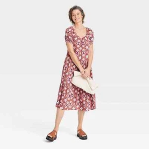 Knox Rose™ Women's Puff Short Sleeve Tiered A-Line Dress Cognac Size L - Picture 1 of 2