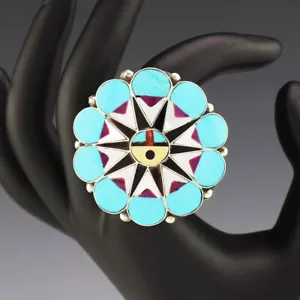 NATIVE AMERICAN ZUNI STERLING SILVER & INLAY SUN FACE RING BY DELWIN GASPER - Picture 1 of 5