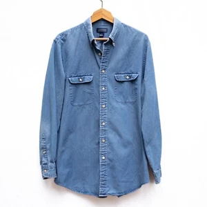 Vintage Lands End Blue Denim Shirt Men's L Medium Wash Button Up Long Sleeve - Picture 1 of 7