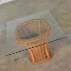 Vintage Organic Modern Woven Wicker Rattan Side Or End Table W Rectangular Glass