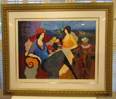Serigrafía grande enmarcada Itzchak Tarkay firmada y numerada dos mujeres en una mesa Foto 1 de 4