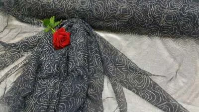 Multicolor Iridescent Rinesthone on Navy Blue Mesh Prom Lace Fabric by the Yard  - Image 1 of 4