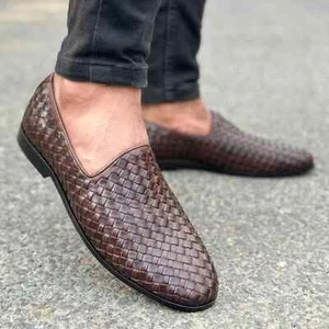 Weeding Mens Handmade Brown Woven/Weaved Calf Leather Slip on Loafers Moccasins - Picture 1 of 8