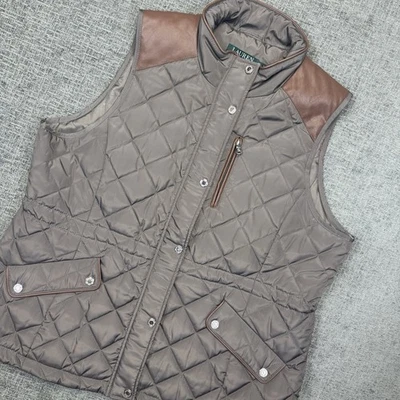 Ralph Lauren Quilted Vest Womens XL Brown Equestrian Snap Zip Leather Trim - Image 1 of 4