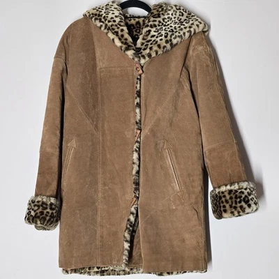 Raro Abrigo J Percy De Colección S Cuero Gamuza Tostado Reversible Imitación Piel de Leopardo Foto 1 de 4