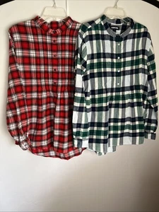 Lands' End Women's 16P Plaid Pintuck 1/2 button Roll Tab Sl Flannel Shirts Lot 2 - Picture 1 of 14