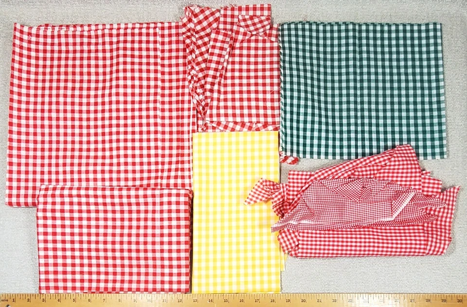 Lot of GINGHAM ¼" Check Fabric Pieces Red, Yellow, Dark Green & White Cotton - Image 1 of 1