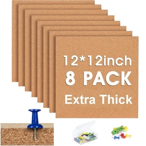 Square Cork Bulletin Board Tiles - 8Pack Extra Thick 12x12 Inches Cork Board ... - Picture 1 of 7