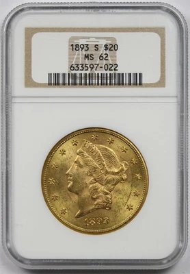 1893-S $20 NGC Antiguo Soporte MS 62 Liberty Head Oro Doble Águila Foto 1 de 4