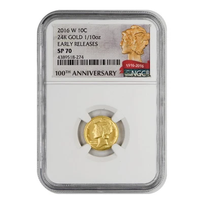 2016-W 1/10 oz Gold Mercury Dime NGC SP70 Early Release 100th Anniversary Label - Image 1 of 2