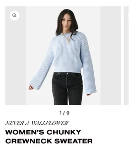 $382 NEVER A WALLFLOWER WOMEN'S CHUNKY CREWNECK CABLEKNIT SWEATER Medium Blue - Picture 1 of 5