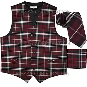 New Vesuvio Napoli Men's plaid Tuxedo Vest_2.5" Self Tie Necktie Hankie Burgundy - Picture 1 of 4