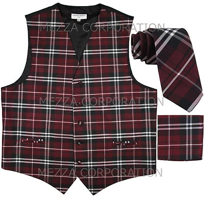 New Vesuvio Napoli Men's plaid Tuxedo Vest_2.5" Self Tie Necktie Hankie Burgundy - Image 1 of 4