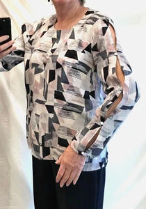 BASQUE size 14 BLOUSE Blue, black, pink, white LONG SLEEVES with Buttoned Splits - Picture 1 of 15