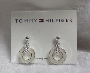 Vtg TOMMY HILFIGER Pierced WHITE Enamel Dangle Earrings B20482 ~ NOS - Picture 1 of 2