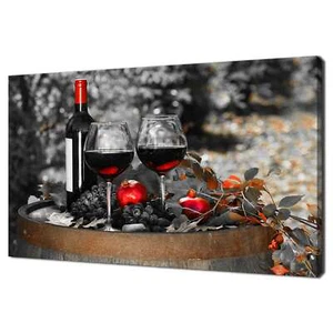 Bicchieri di vino rosso su vecchio barile foglie autunnali cucina pub stampa tela - Foto 1 di 7