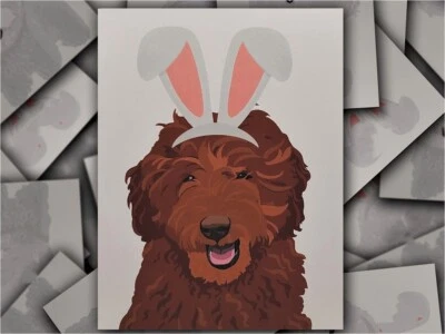 Goldendoodle Hand-Drawn Easter Bunny Rabbit Dog Card with Envelope - Image 1 of 4