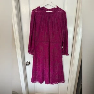 NWT Maggy London Women’s Fuschia Nila Chiffon Lace Bishop Sleeve Dress Size 16 - Picture 1 of 10