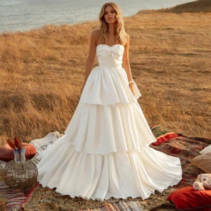 Simple A-line Wedding Dresses Backless  Sleeveless Tiered Ruffles Bridal Gowns - Picture 1 of 8