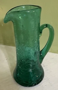 Vintage 5 Inch Aqua Hand Blown Crackle Glass Pitcher - Picture 1 of 9