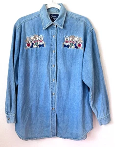 Quizz Again New York Denim besticktes geknöpftes Hemd Damen Large Cowboy Bären - Bild 1 von 4