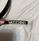 Authentic Moschino Logo Skinny Black Leather Belt Silver EUC