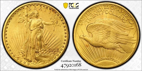 1912  $20 Saint-Gaudens Gold Double Eagle PCGS MS63 Gold Shield Cover