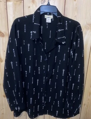 Blusa Travel Smith para mujer XL negra con estampado de farolas blancas manga larga con botones Foto 1 de 4