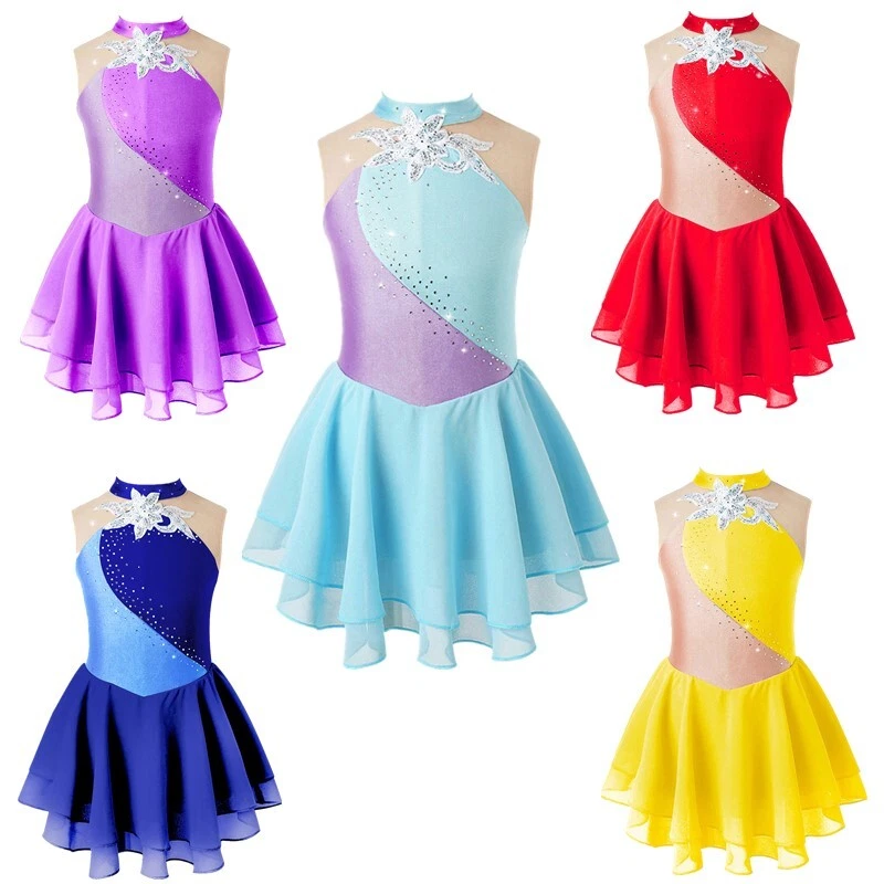 Kids Girls Dance Decorated Leotard Ruffle Dress Sequins Athletic Stage Show - Image 1 of 4