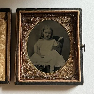 Antique Tintype Photograph Very Adorable But Somber Little Girl Curled Hair - Picture 1 of 12