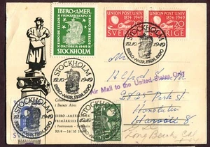 SCHWEDEN 1949 MEHRERE AUSGABEN AUF KARTE STOCKHOLM IBERO-AMERICAN EXPO NACH HAWAII USA - Bild 1 von 2
