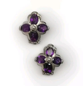 Earrings 925 Silver Clip On Vintage Style Flower Purple Stones - Picture 1 of 12