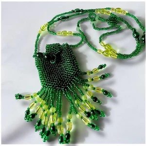 Amulet Purse Fringe Necklace Pendant Green Yellow Glass Beaded Vintage Y2K - Picture 1 of 9