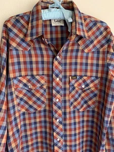 L Slim Vintage Lee Plaid Check Western Shirt Pearl Snap Cowboy 70s 80s Retro USA - Picture 1 of 8
