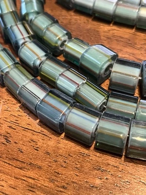 Vintage Old Stock Blue Stripe Tube Art Glass Beads 14in  Strand - Image 1 of 3