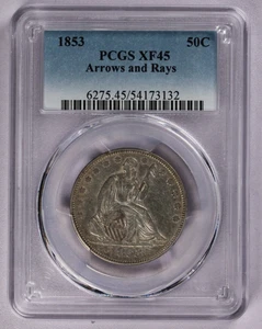 1853 Seated Liberty Silver Half Dollar 50C PCGS XF 45 Arrows and Rays - Picture 1 of 3