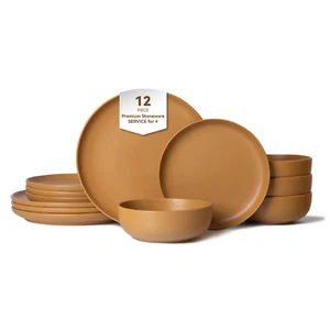Orange 12-Pc Stoneware Dinner Set-Microwave & Dishwasher Safe Plates&Bowls for 4 - Picture 1 of 12
