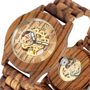 Modern Men's Wooden Watch Skeleton Automatic Mechanical Wristwatch Bracelet Band - Foto 1 di 9