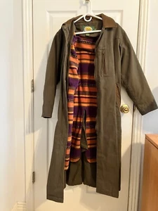 Cabela's Canvas Leather Collar Duster Ranch Barn Coat Size M Brown Striped Liner - Picture 1 of 19