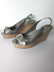 Guess Cork Wedge Sandals Rosabel Silver Peep Toe Snake Print Buckle Slingback  9 - Picture 1 of 10