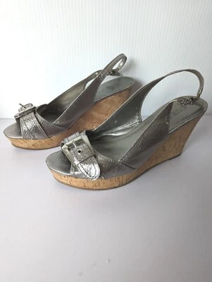 Guess Cork Wedge Sandals Rosabel Silver Peep Toe Snake Print Buckle Slingback  9 - Image 1 of 4